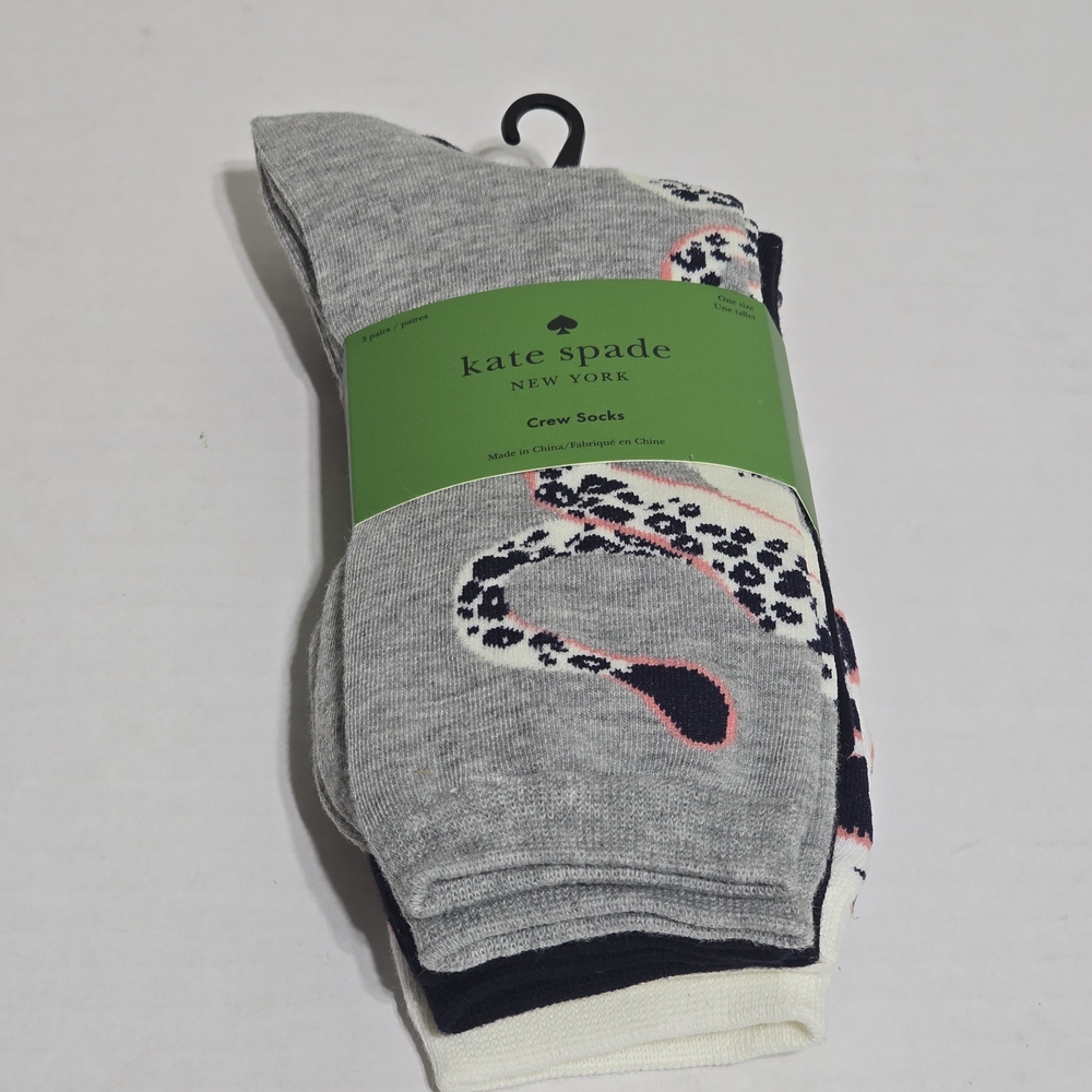 Women's Kate Spade Gray and Pink Patterned Crew Socks, 3 Pair.